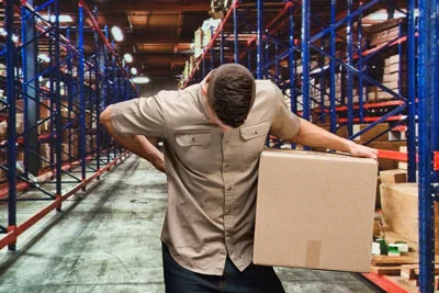 Warehouse worker holding his back while carrying a box